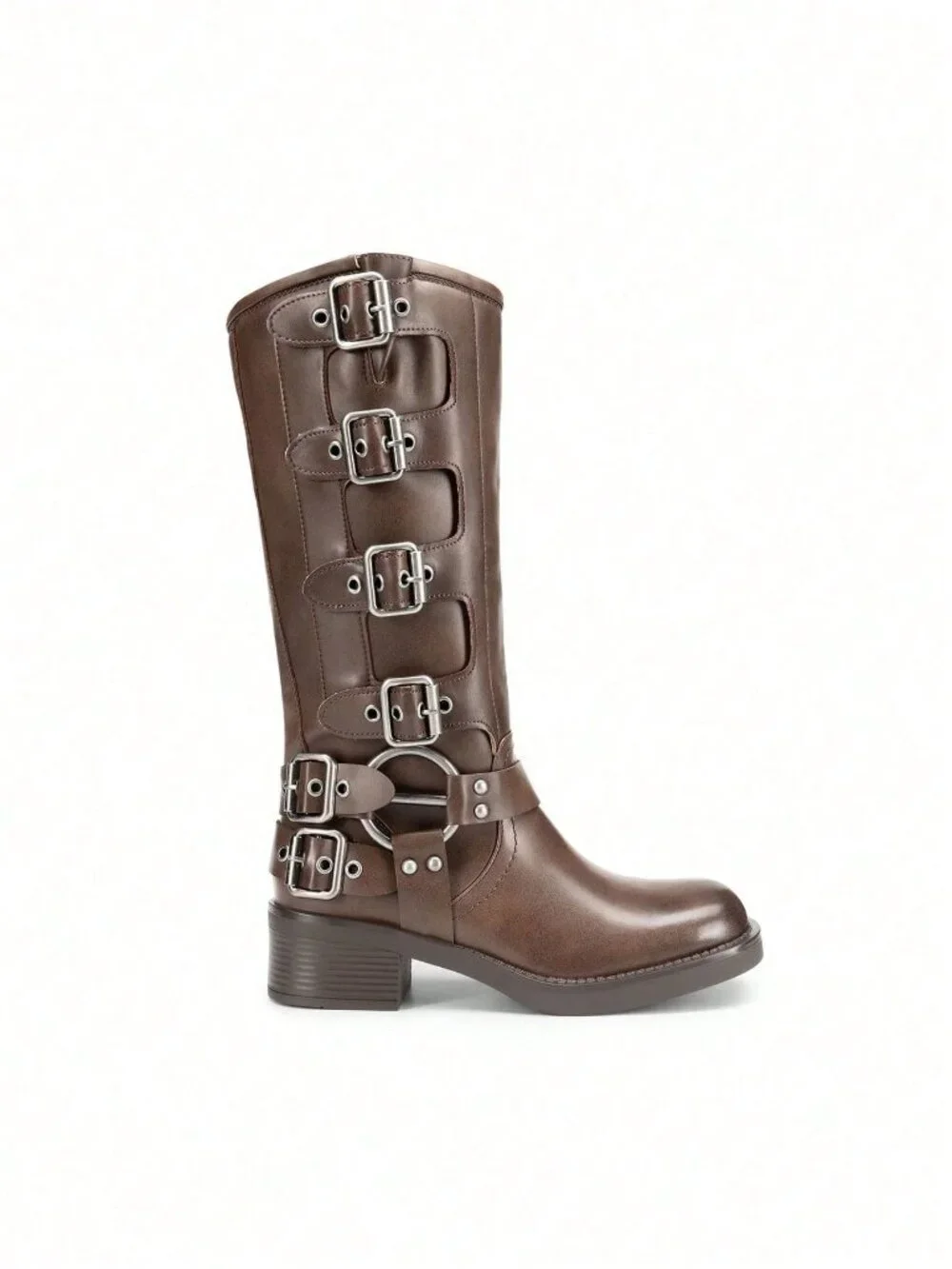 Brown Women's Slip On Knee High Square toe Buckles Motorcycle Riding Boots